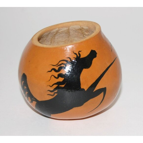 Handpainted Gourd Art Running Sleek Black Stallion Horse Signed BC 92 - Picture 2 of 9